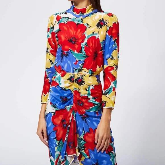 Rixo Lucy Floral Silk Long-sleeves High Neck Backless Maxi Dress Size S